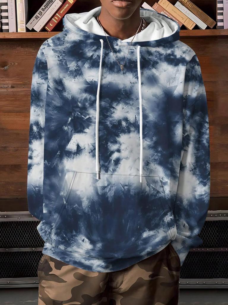 Men's Casual Tie-Dye Hoodie With Kangaroo Pocket, Loose Fit Spring Autumn Hooded Sweatshirt