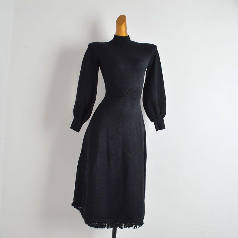 

Fall and Winter New Arrival Pure Color Half Collar Lantern Sleeve Knitting Dress Women s Waist Slim Looking Mid Length Long Length Tassel Hip Skirt Black All yards
