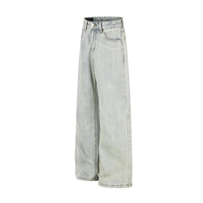 Mens Relaxed Fit Straight Leg Denim Pants Vintage Washed Light Blue Cotton Jeans Casual Wear