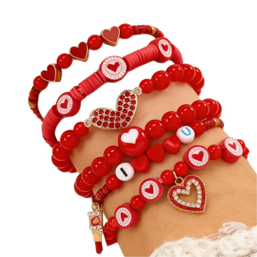Valentine's Day Heart Beaded Bracelet Set: Women's Fashion Jewelry with Polymer Clay, Peach Heart, and Red Tones Elastic Design