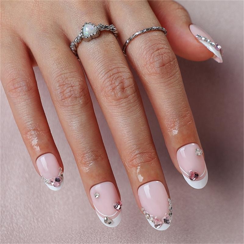 

24pcs Short Almond French Artificial Nail Glossy Press on Nail Full Cover Stick on Nail With Rhinestones Designs 1