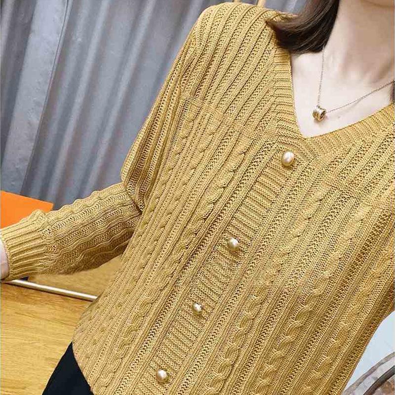 Autumn Women's Knitted Sweater Long Sleeve Design Loose Knitted Top V-Neck Medium Length Sweater