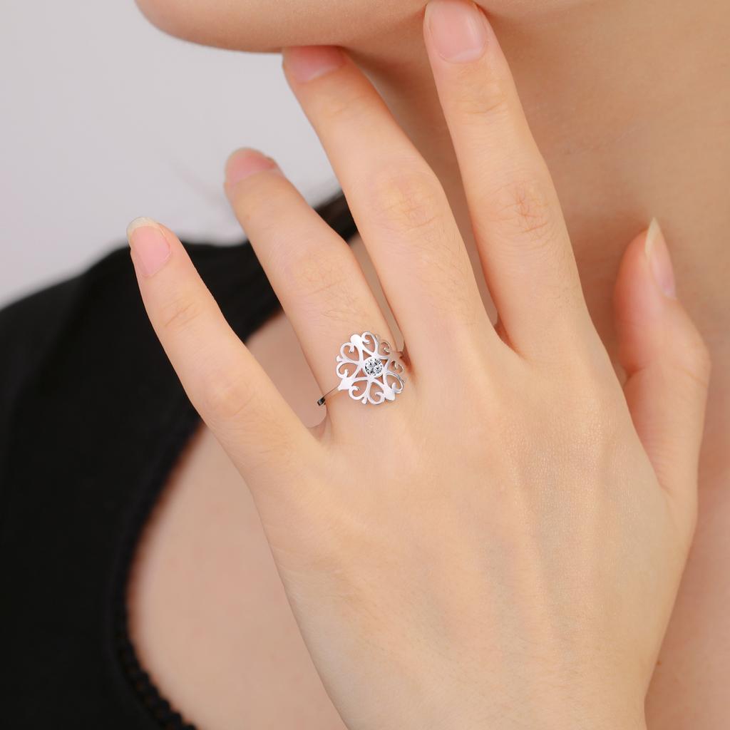 Bague Fleur en Acier Inoxydable Avec Zircon Transparent Bagues pour Femmes Alliance Bijoux Bohèmes Cadeau d'Anniversaire