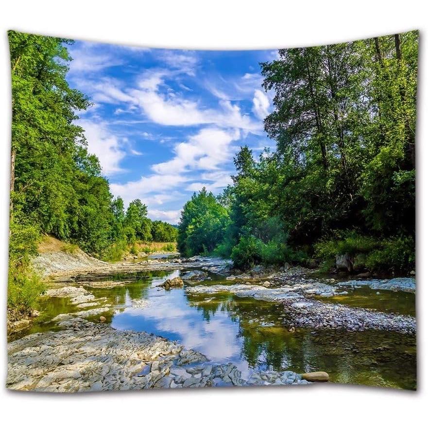 Tapestry green forest trees river rocks 75x100
