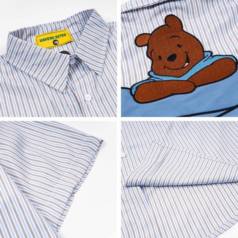 American Retro Fun Bear Embroidered Striped Short-sleeved Shirt Men's and Women's Summer Loose Casual Versatile Shirt