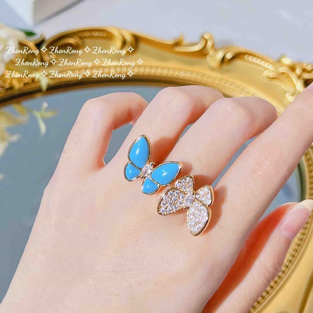 Double Butterfly Open Ring for Women Elegant Natural Turquoise French Vintage Rhinestone Ring