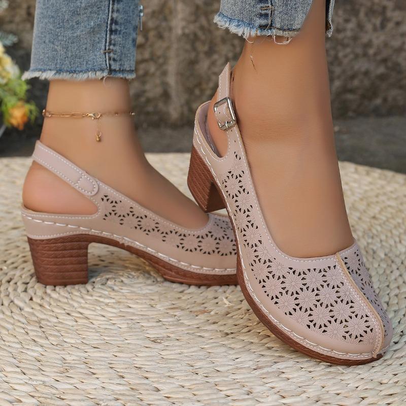 Fashion Plus Size Round Toe Shallow Mouth Cutout One Strap High Heels Summer New Baotou Waterproof Taiwanese Square Heel Sandals