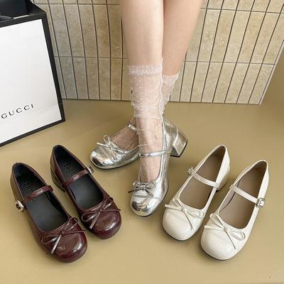 Round Head Bow Flat Sole Shoes Women's Summer New Versatile Small Leather Shoes Shallow Mouth Mary Jane Skirt