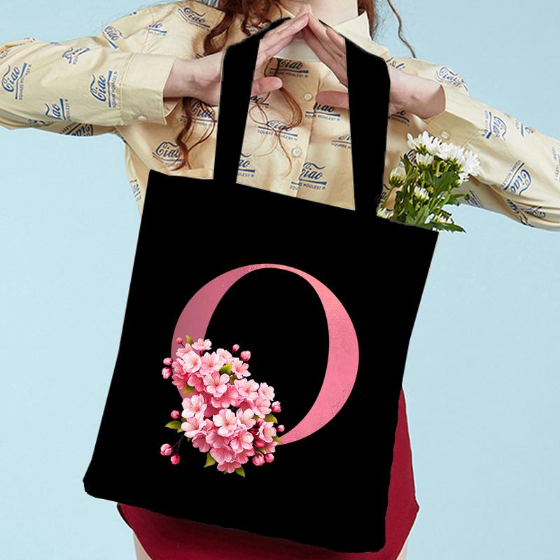 Pink Sakura Handbags Women Eco Reusable Tote Bag Cherry Blossom College Canvas Bag Vintage Sakura Alphabet Ladies Shoulder Bag