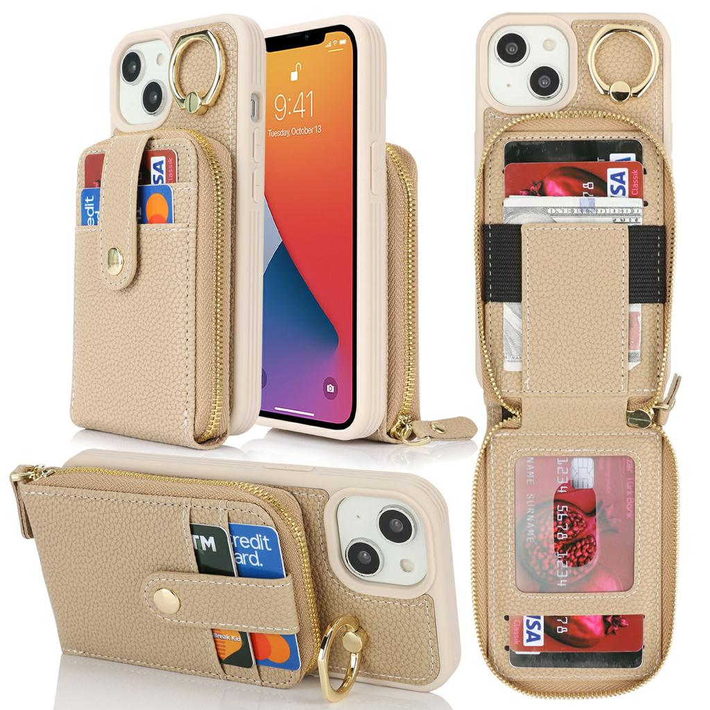 For iPhone 14/13 Case with Zipper Pouch/Ring Kickstand/Strap Litchi Texture PU+TPU Phone Cover