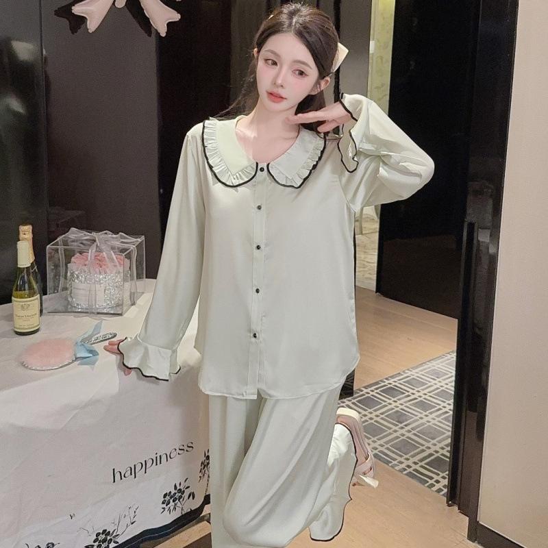 Ice Silk Pajamas Women's Spring and Autumn New Doll Collar Sweet Princess Style High-end Long-sleeved Trousers Loungewear Set