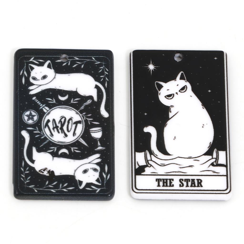 5PCs Black White Acrylic Tarot Pendants Rectangle Cat Double-sided Charms For DIY Earrings Necklace Jewelry Making 3.8cm X 2.3cm