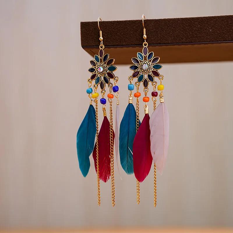 Boho Ethnic Colorful Feather Earring For Women Bohemian Tassel Chain Drop Dangle Earring Girls Elegant Party Jewelry
