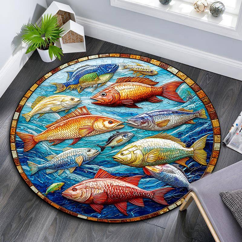 Ocean Fishes Round Area Rug,Carpet Rug for Living Room Bedroom Sofa Playroom Decor,Non-slip Floor Mat