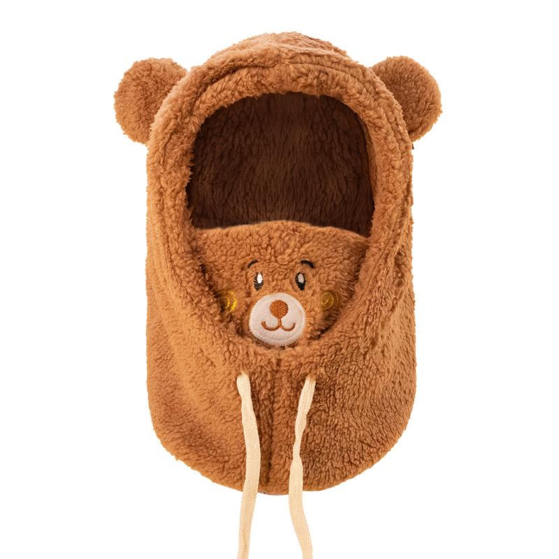 Cute bear hat, scarf, mask integrated, winter cycling neck protection, ear protection, windproof and cold protection, full face warm mask