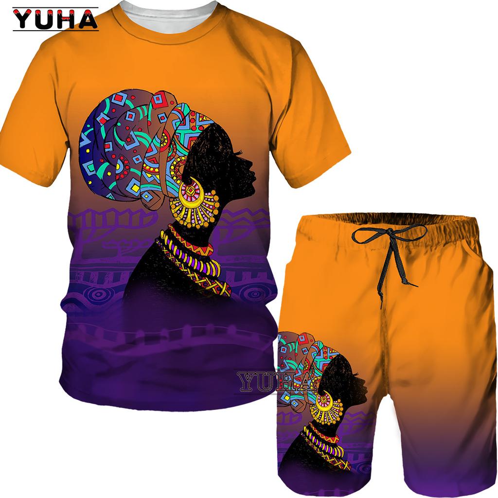 YUHA,Short Sleeve Plus Size Men Retro Ethnic Print Tracksuit Couple Dashiki Clothes Summer African Men's T Shirt Shorts Two Piec