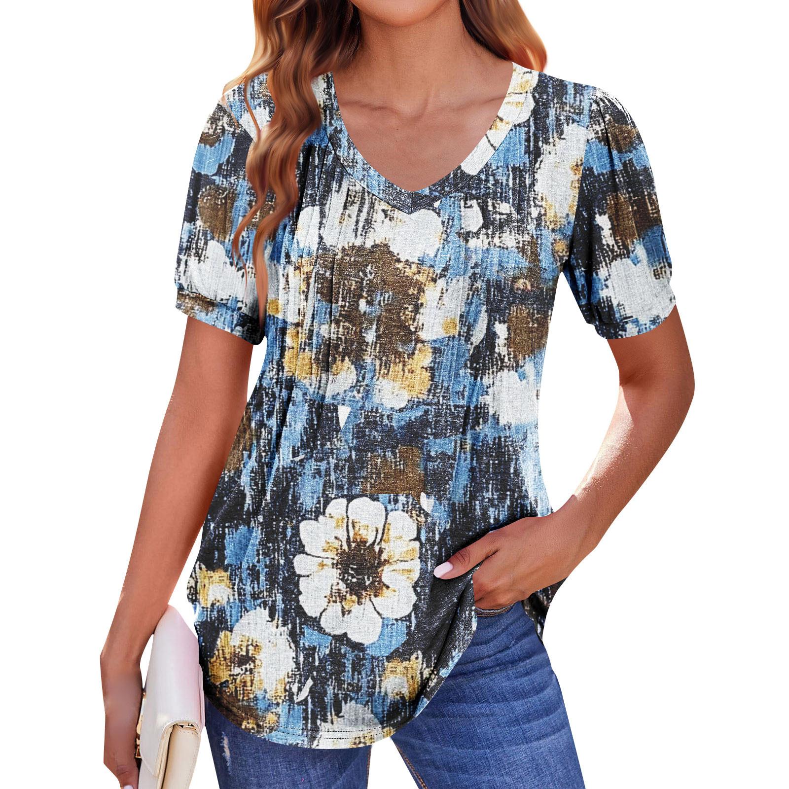 

Женская рубашка-фонарик с коротким рукавом в стиле бохо, повседневная летняя рубашка с V-образным вырезом, плиссированная повседневная туника S синий