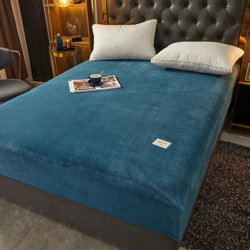 Yumuşak Sıcak Peluş Fitted Sheet Elastik Yatak Örtüsü Kabarık Mercan Polar Yatak Örtüsü Kış Çift Lüks Çift Kişilik Yatak Örtüsü