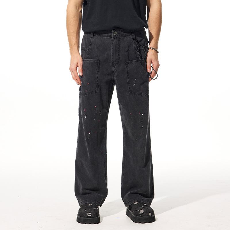 Design-sensual Ink Workwear Jeans for Men's Autumn New Style Retro Loose Wide-leg Logging