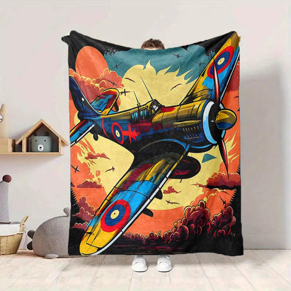 1pc Aircraft Aviation Lightweight Flannel Blanket, Comfortable and Warm Blanket, for Office and Camping Sofa Bed, Livingroom096
