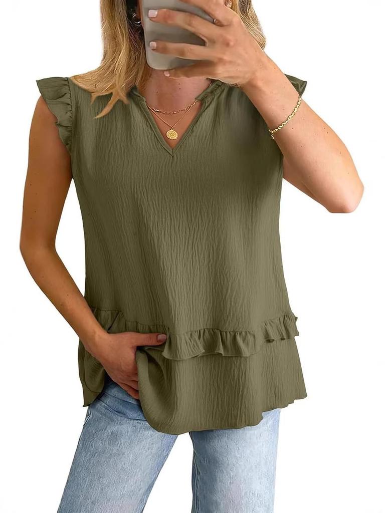 2026 Summer Women's Solid Color Ruffled V-Neck Vest Top