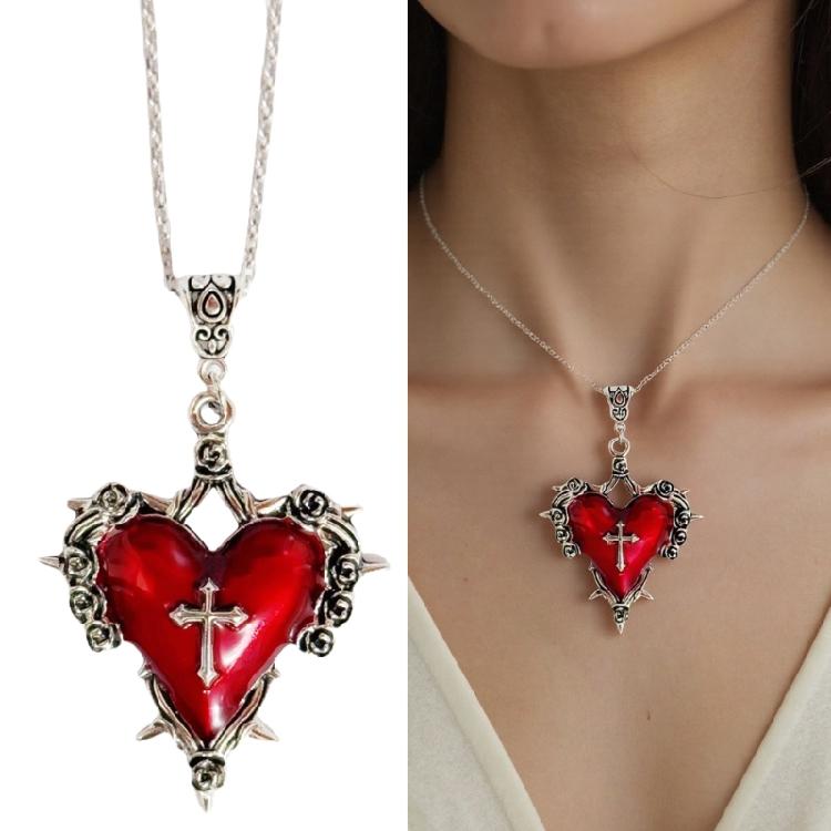 Stylish Gothic Red Heart Necklace Unique Thorn And Red Heart Necklace Charm For Women Seeking Individuality