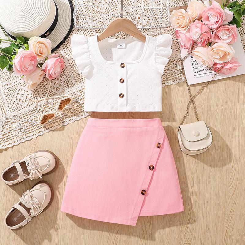 Girls' Two-piece Summer Children's Fashion Square Collar Short-sleeved Top Skirt Suit