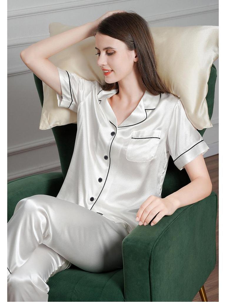 Girls' Imitation Silk Pajama Set - Short Sleeve Top & Long Pants, Lapel Design, Spring/Summer Homewear