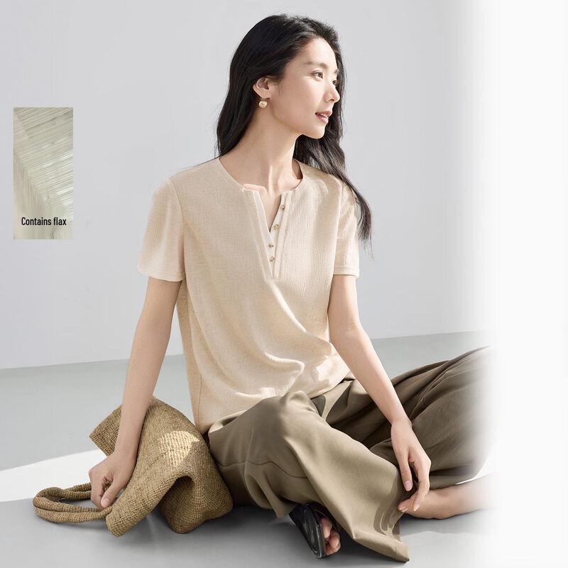 

IHIMI Women s Summer Faux Two-Piece Linen Henley Short Sleeve Top L