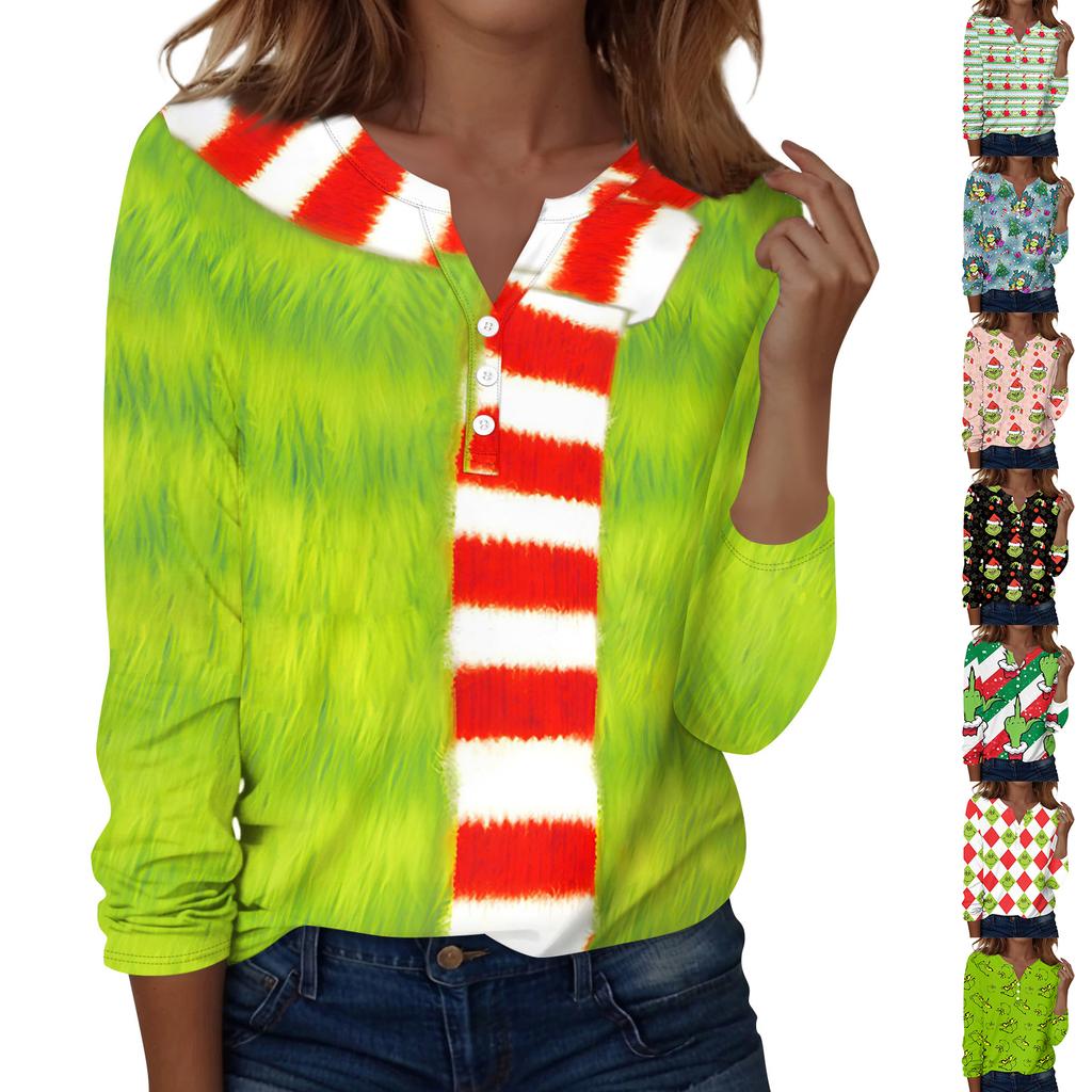 Women's Fashion Casual V-Neck Long Sleeve Decorative Button Christmas Print Top