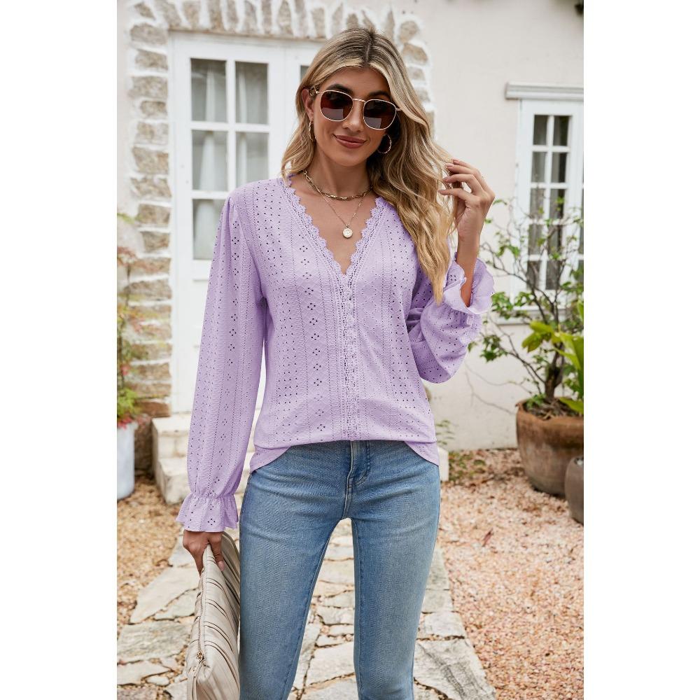 Women's Lace V Neck Blouse Long Sleeve Eyelet Embroidery Casual Loose Fit Shirt