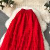 Summer Women Elegant Ruffles Mesh Elstic Waist Long Midi Cake Skirt
