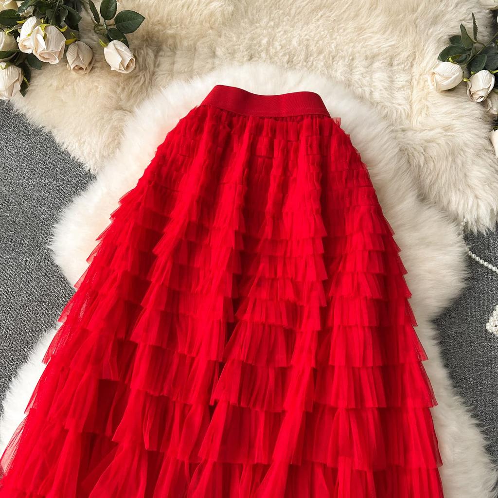 Summer Women Elegant Ruffles Mesh Elstic Waist Long Midi Cake Skirt