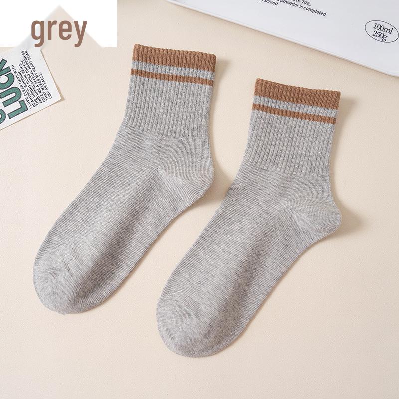 Langsha Women's Thick Striped Mid-Calf Socks for Autumn and Winter - Available in Black, White, Grey, Brown, and Beige.