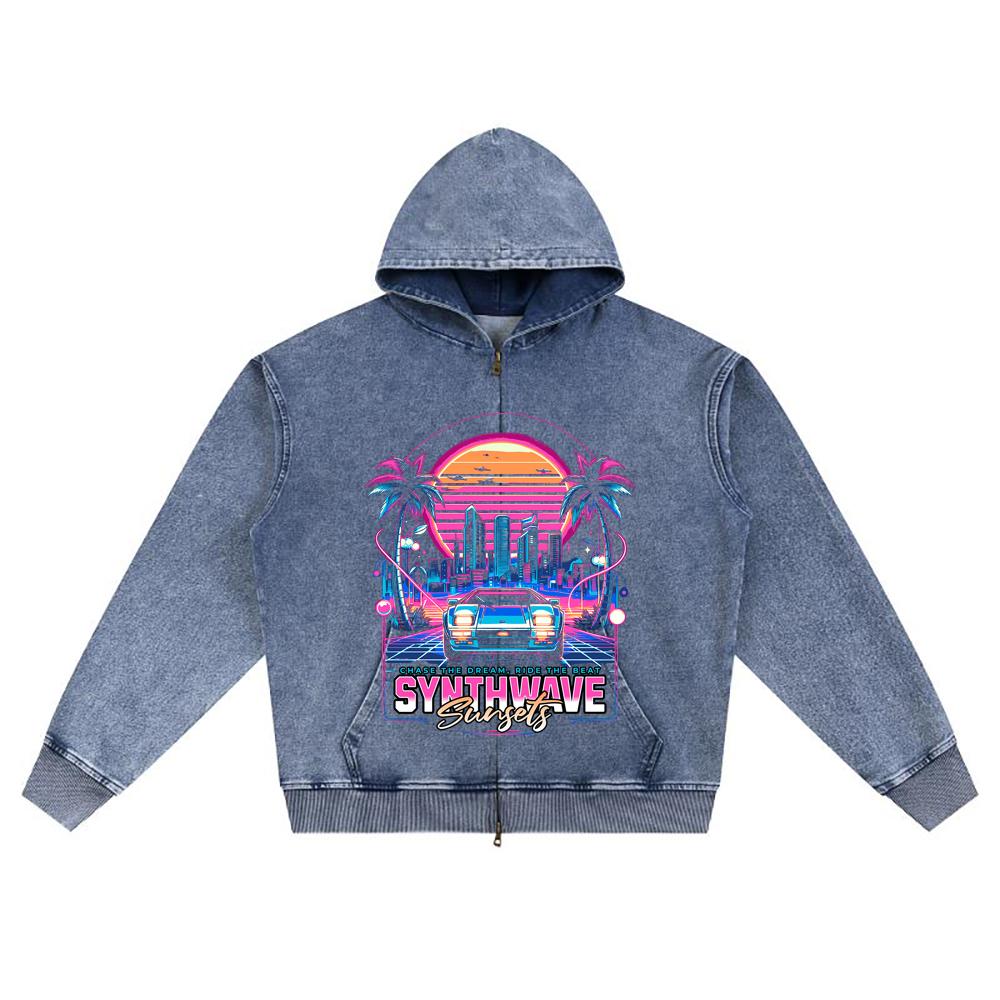 DTG Print Knitted Denim Zip-Up Hoodie Synthwave Sunsets Brother Print Zipper Hoodies  