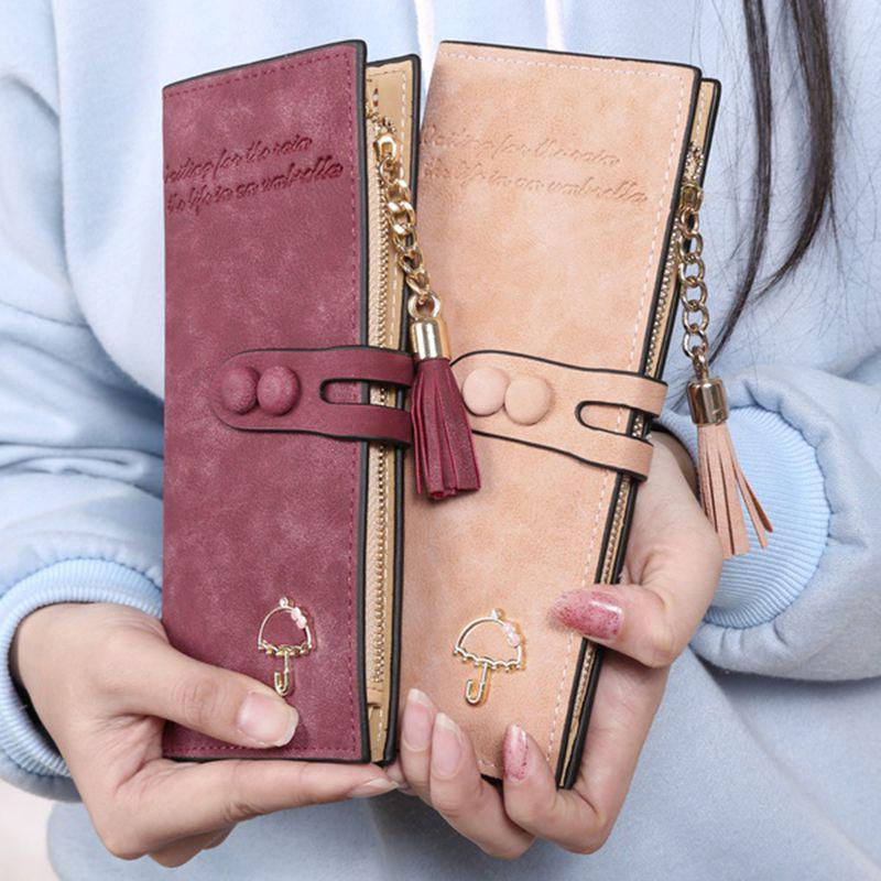 Elegant Women Leather Card Holder Long Trifold Wallet With Tassel And Checkbook Pocket