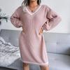 Women Fall Winter V Neck Long Sleeve Solid Color Sweater All Match Knit Dresses