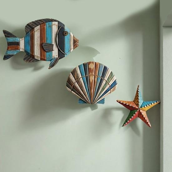 3Pcs/Set Ocean Theme Wall Decoration Wooden Fish Shell Starfish Wall Art Farmhouse Home Living Room Bathroom Nautical Coastal Hanging Ornament