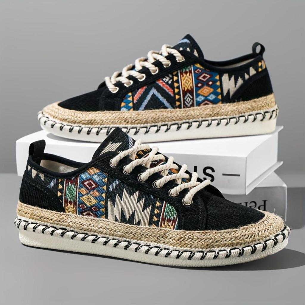 Men's Boho Hemp Sole Shoes - Breathable Casual Vintage Style, Seasonal Wear Embroidered Designs