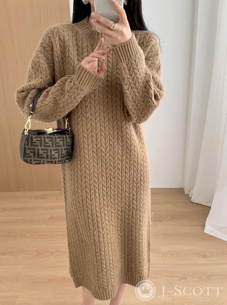 J-Scott Women's Knit Cable Knit Dress, Round Neck, Knee-Length, I-Line, Brown, JS118-BR-M (Limited Stock)
