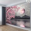 2D Cherry Blossom Full Moon Backdrop Lake Mountain Background