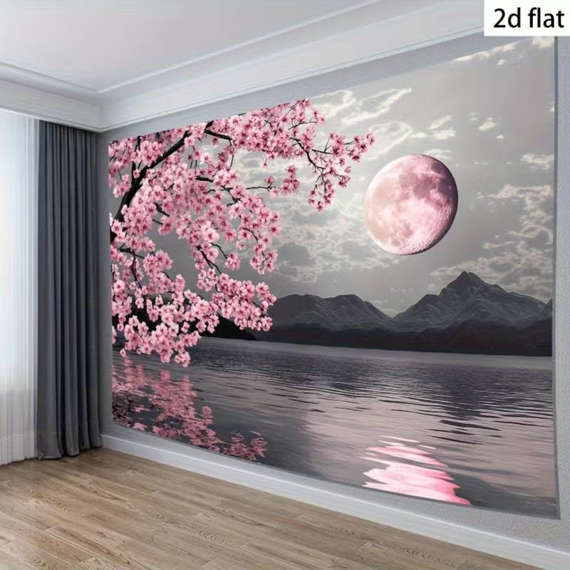 2D Cherry Blossom Full Moon Backdrop Lake Mountain Background