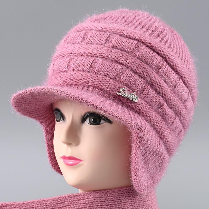 Winter Hat Female Old Lady Knitted Wool Hat Piled Thickened Warm and Cold Ear Hat