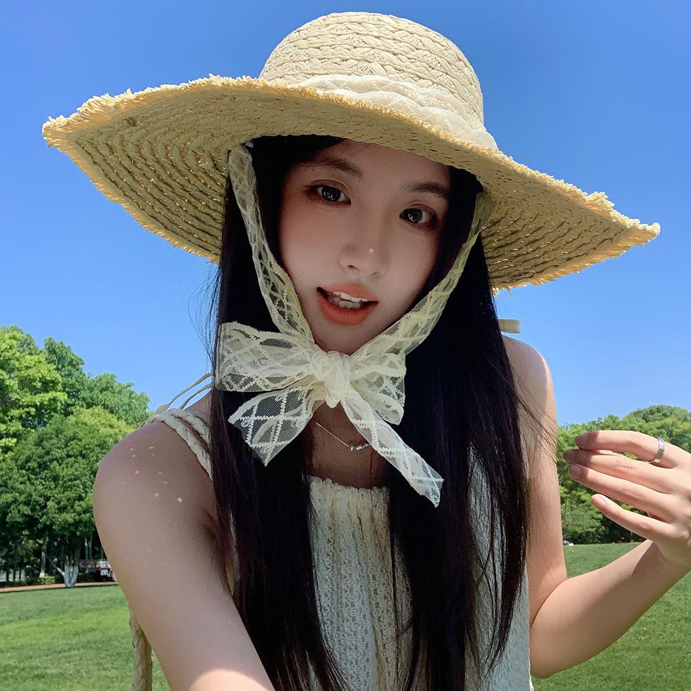

2025 Korean Bow Straw Hat for Women Outdoor Beach Wide Brim Sun Visor Cap Summer Vacation Sunshade Female Panama Hats Gifts 54-59cm бежевий