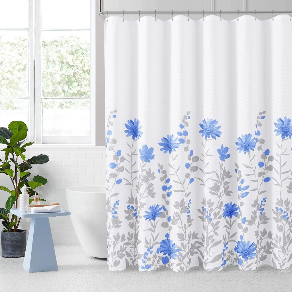 Blue Floral Shower Curtain Watercolor Flower Bath Curtain Polyester Fabric Waterproof Bathroom Curtains with Hooks Bath Screen