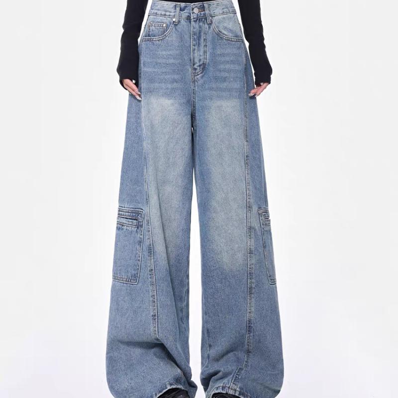 GMXIA Weitbeinige Jeans Damen Locker Hochtailliert Fallend Hundert Schleppende Hosen Taschen High Street Trend Gerade Hosen