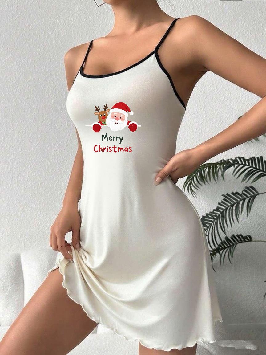 

2025 European & American Christmas Sling Nightdress - Women s Comfortable Casual Print Sleepwear Large