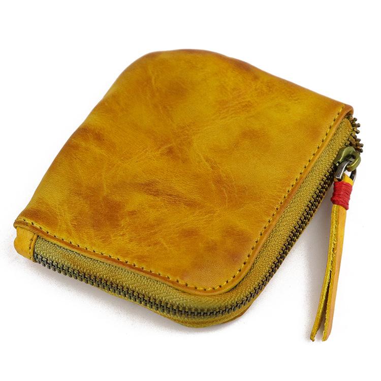 Layered Vegetable Tanned Leather Coin Purse Handmade Vintage Style Zipper Simple Mini Coin Bag