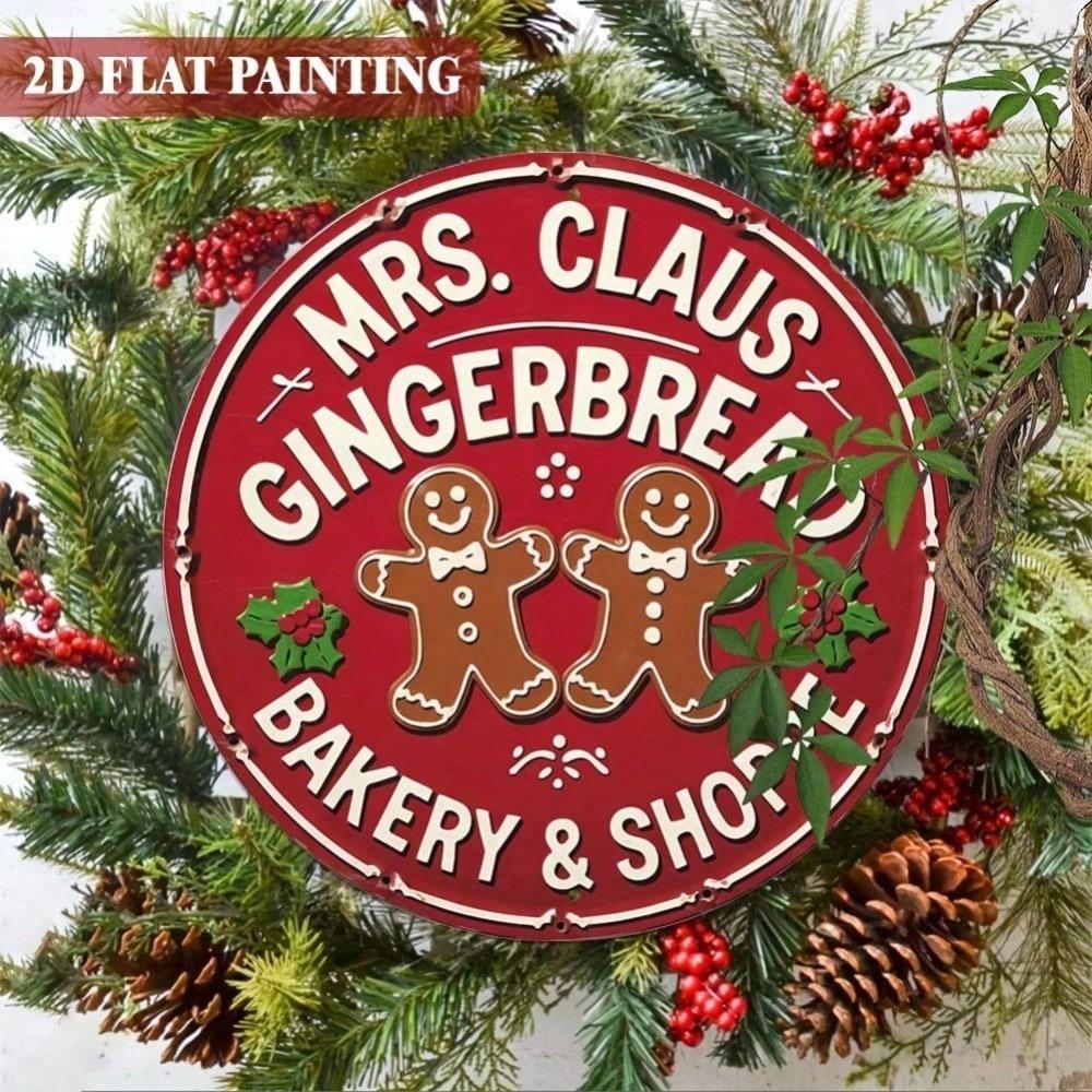Vintage Mrs. Claus Gingerbread Bakery Shop Sign 8x8 Inch Round Aluminum Metal Wall Art Christmas Decor