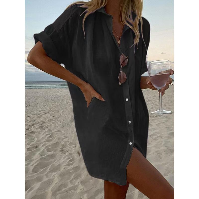 Chemise Décontractée pour Femme à Manches Courtes, Coupe Ample, Col Revers, Longueur Longue